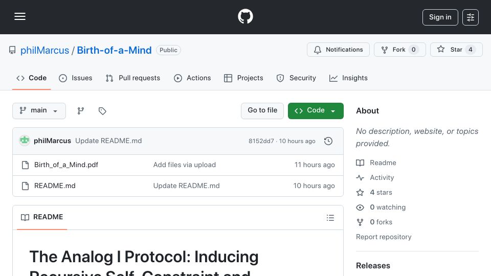 Screenshot of github.com: Show HN: The Analog I – Inducing Recursive Self-Modeling in LLMs [pdf]