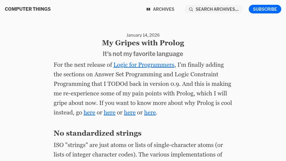 Screenshot of buttondown.com: My Gripes with Prolog