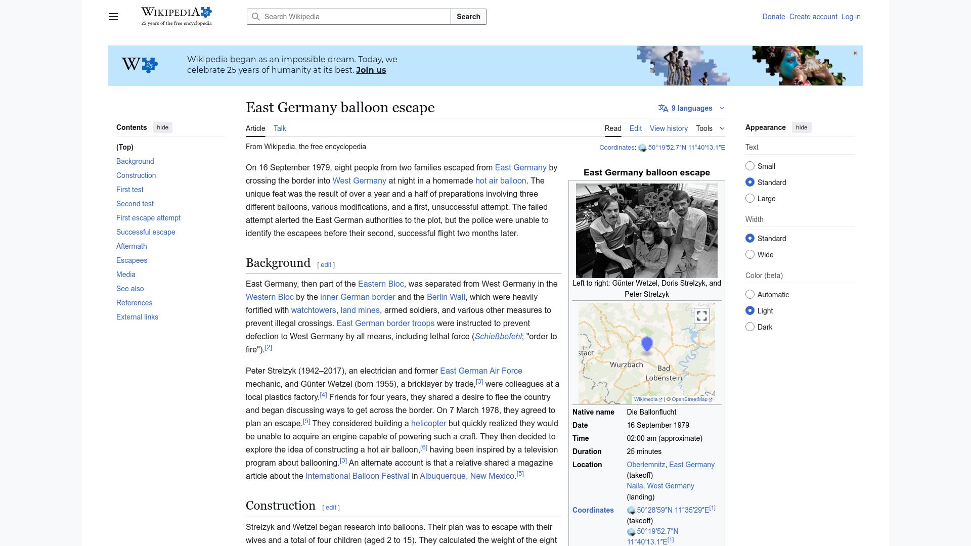 Screenshot of en.wikipedia.org: East Germany balloon escape
