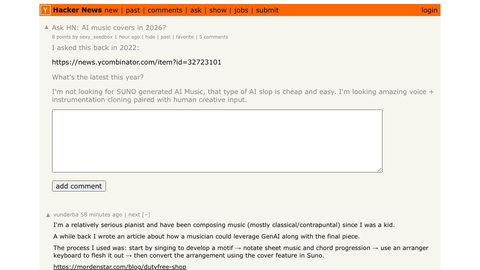 Screenshot of Hacker News post: Ask HN: AI music covers in 2026?