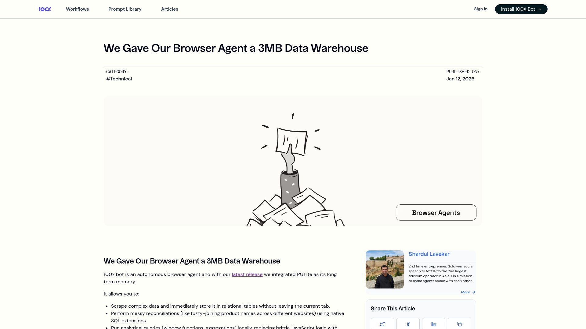 Screenshot of 100x.bot: We Gave Our Browser Agent a 3MB Data Warehouse
