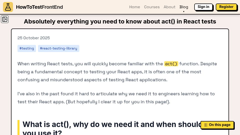 Screenshot of howtotestfrontend.com: Everything you need to know about act() in React tests