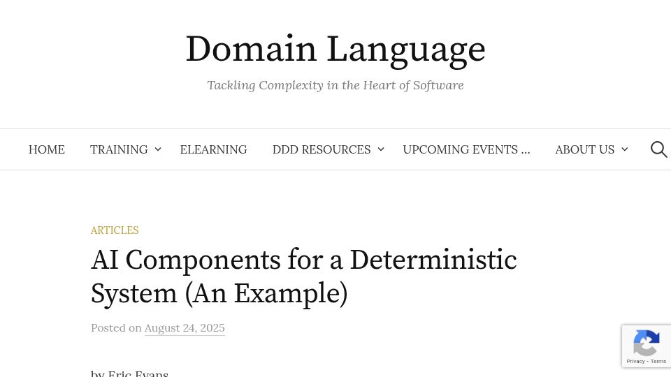 Screenshot of domainlanguage.com: How to wrangle non-deterministic AI outputs into conventional software? (2025)