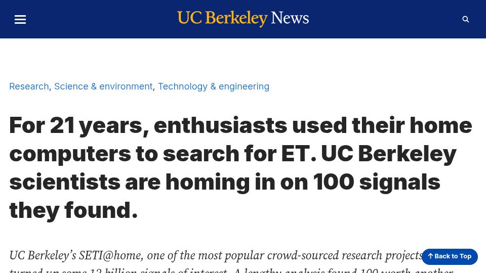 Screenshot of news.berkeley.edu: SETI Home Flags 100 Signals After Sorting 12B Others