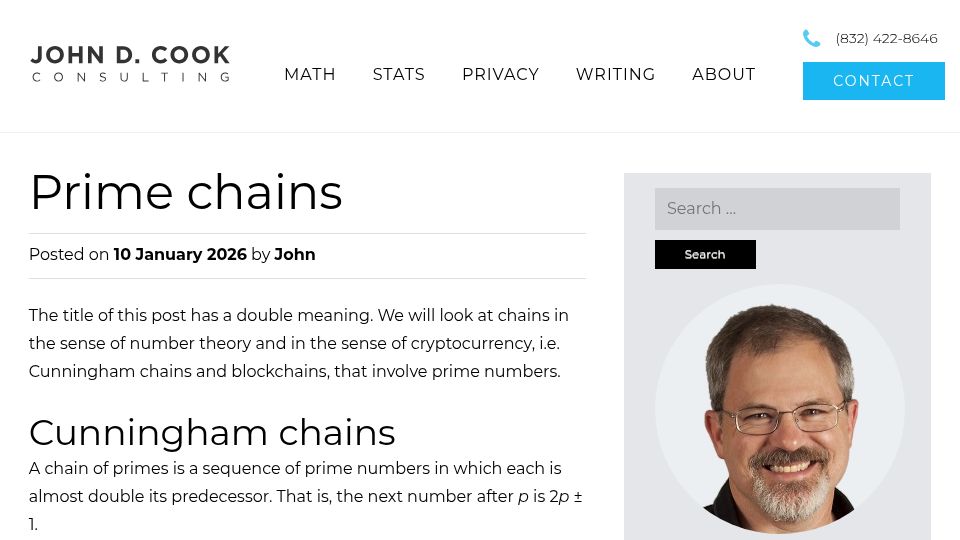 Screenshot of johndcook.com: Prime chains