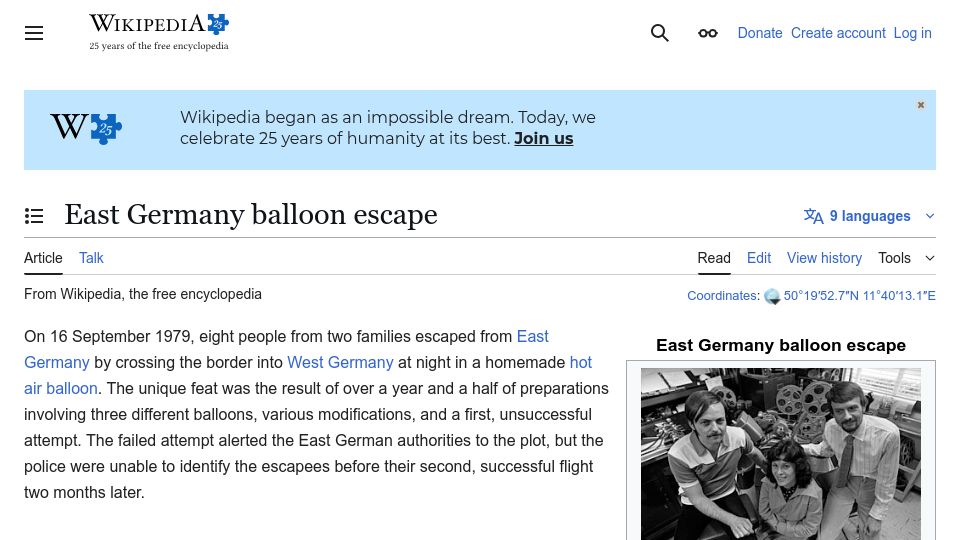 Screenshot of en.wikipedia.org: East Germany balloon escape