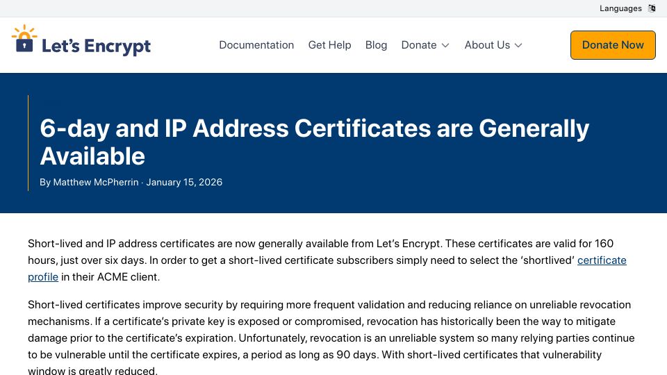 Screenshot of letsencrypt.org: 6-Day and IP Address Certificates Are Generally Available