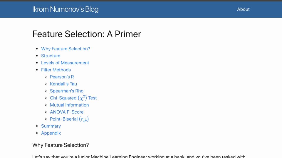 Screenshot of ikromshi.com: Feature Selection: A Primer