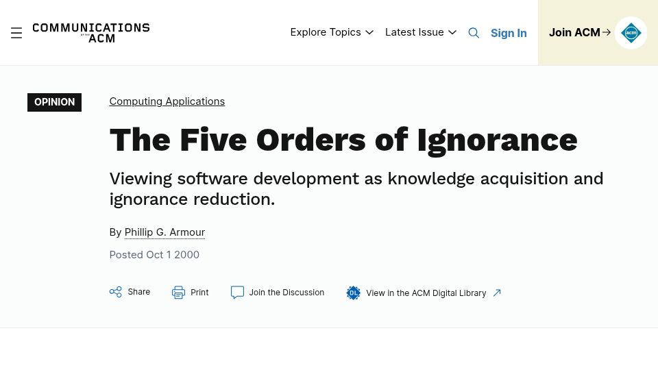 Screenshot of cacm.acm.org: The five orders of ignorance (2000)