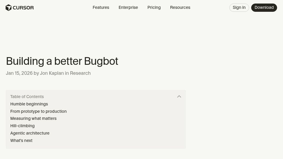 Screenshot of cursor.com: Building a better Bugbot