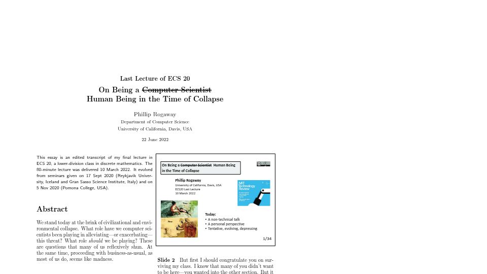 Screenshot of web.cs.ucdavis.edu: On Being a Human Being in the Time of Collapse (2022) [pdf]