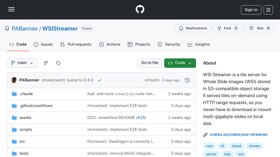 Screenshot of github.com: Show HN: Streaming gigabyte medical images from S3 without downloading them