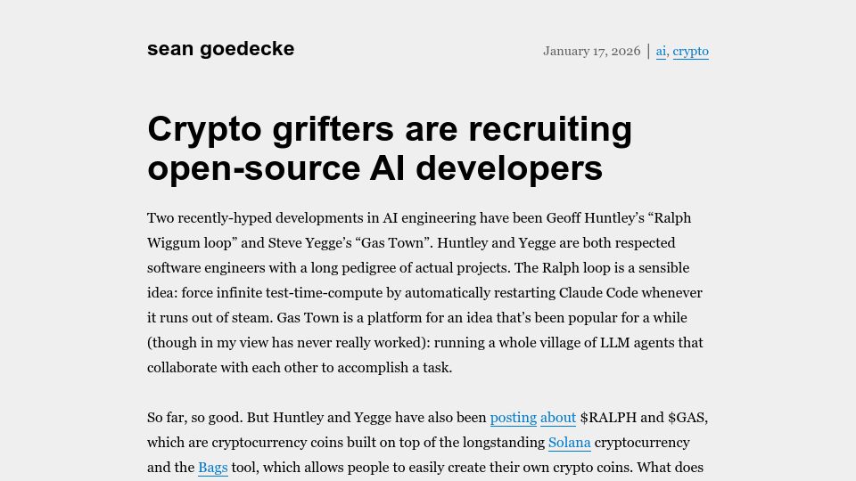 Screenshot of seangoedecke.com: Crypto grifters are recruiting open-source AI developers