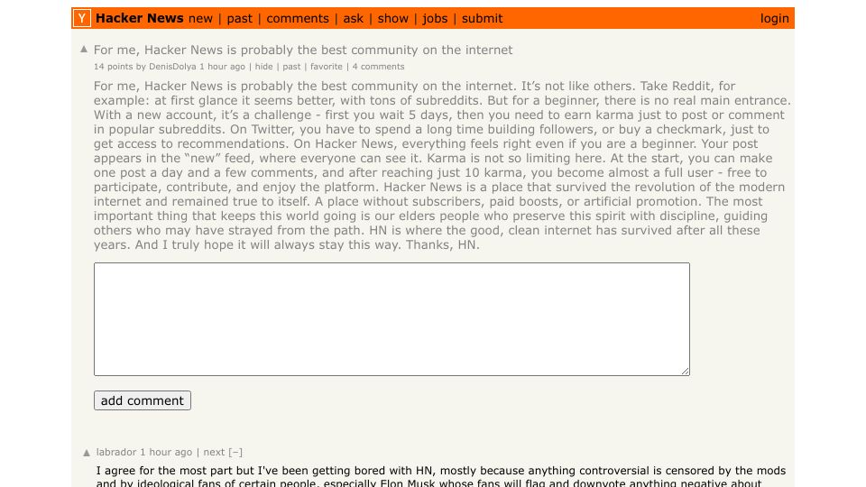 Screenshot of Hacker News post: For me, Hacker News is probably the best community on the internet
