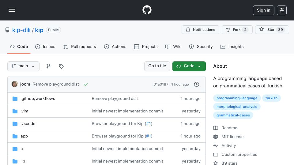 Screenshot of github.com: Kip: A programming language based on grammatical cases of Turkish