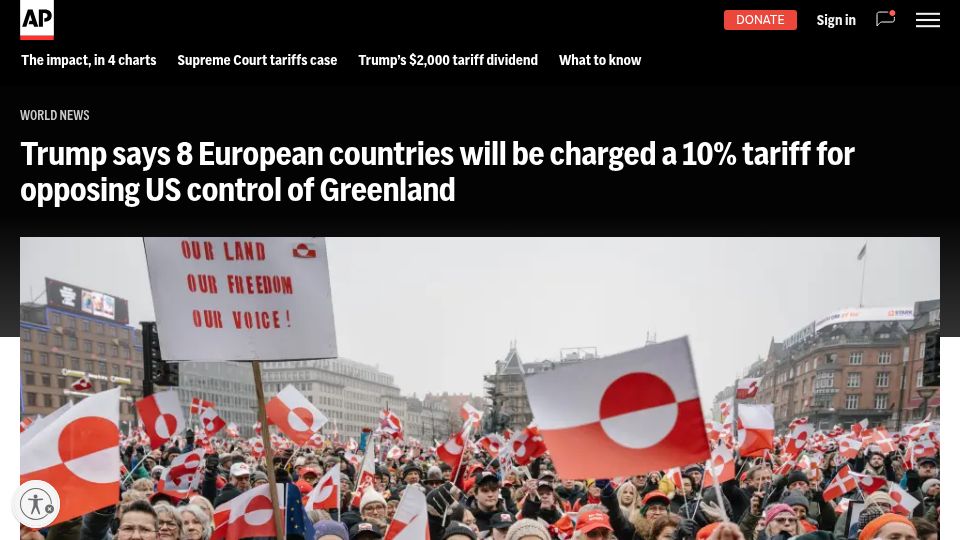 Screenshot of apnews.com: Eight European countries face 10% tariff for opposing US control of Greenland