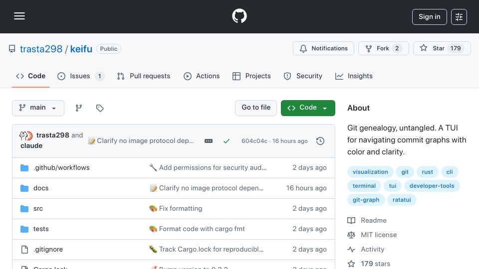 Screenshot of github.com: Keifu – A TUI for navigating commit graphs with color and clarity