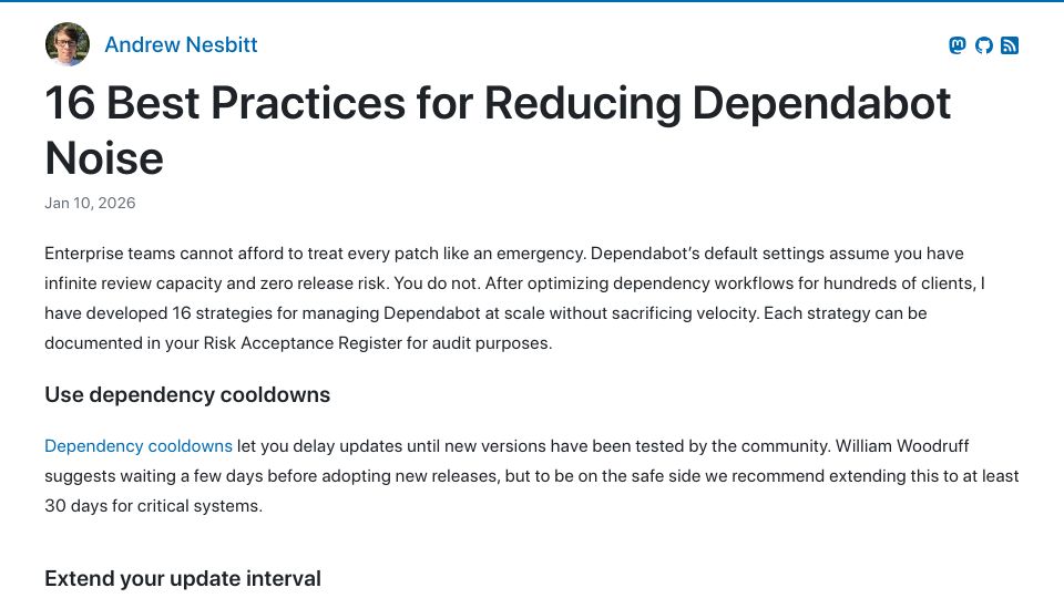 Screenshot of nesbitt.io: Reducing Dependabot Noise