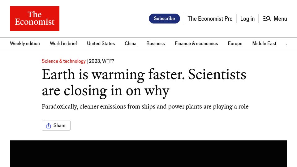 Screenshot of economist.com: Earth is warming faster. Scientists are closing in on why