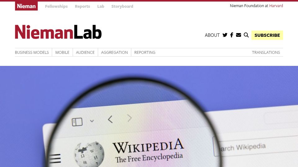 Screenshot of niemanlab.org: After 25 years, Wikipedia has proved that news doesn't need to look like news