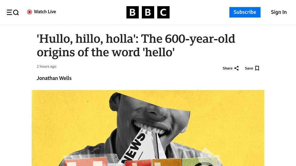 Screenshot of bbc.com: The 600-year-old origins of the word 'hello'