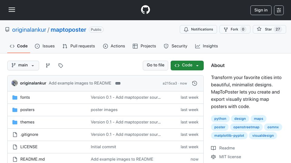 Screenshot of github.com: Map To Poster – Create Art of your favourite city