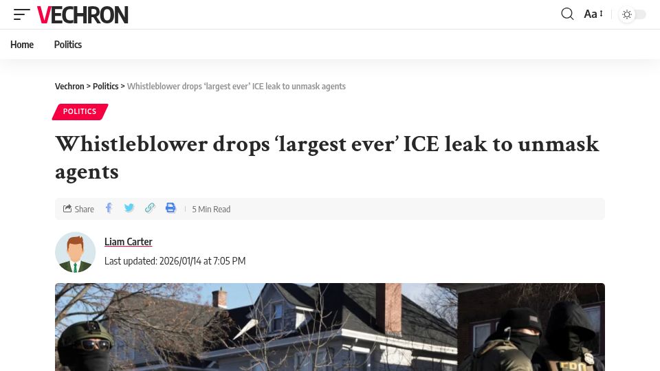 Screenshot of vechron.com: Whistleblower drops 'largest ever' ICE leak to unmask agents