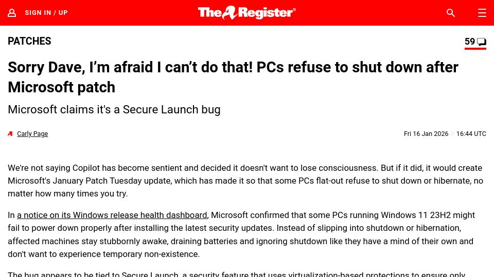 Screenshot of theregister.com: PCs refuse to shut down after Microsoft patch