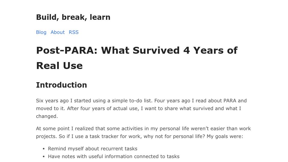 Screenshot of cortwave.github.io: Post-PARA: What survived 4 years of real use