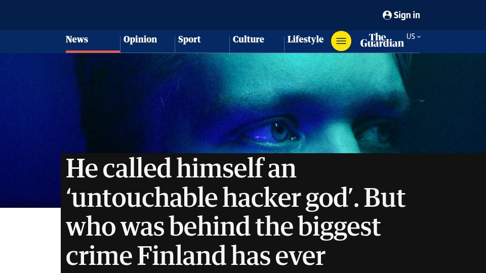 Screenshot of theguardian.com: The 'untouchable hacker god' behind Finland's biggest crime