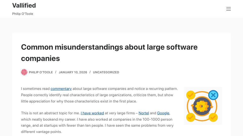 Screenshot of philipotoole.com: Common misunderstandings about large software companies