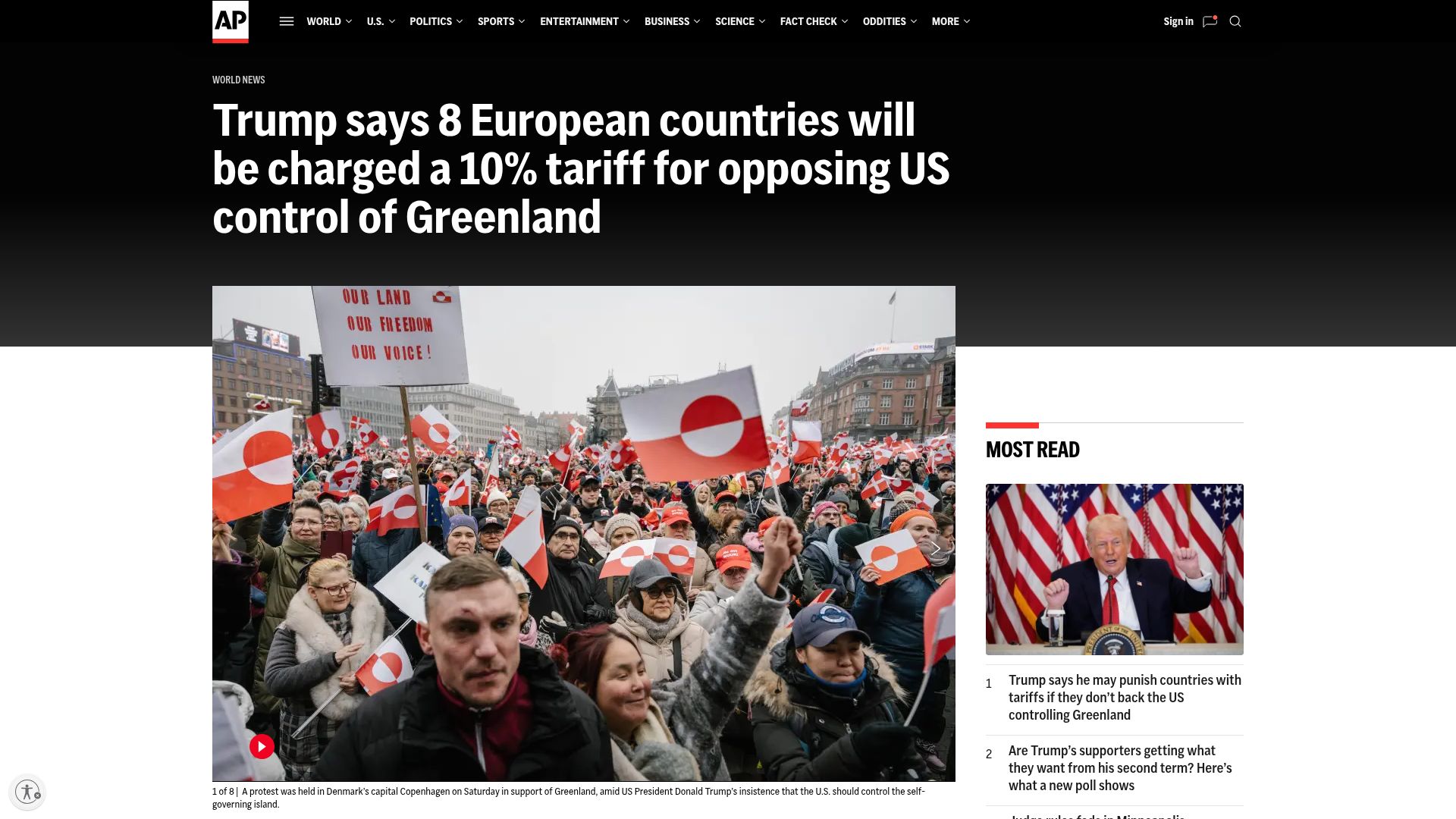 Screenshot of apnews.com: Eight European countries face 10% tariff for opposing US control of Greenland