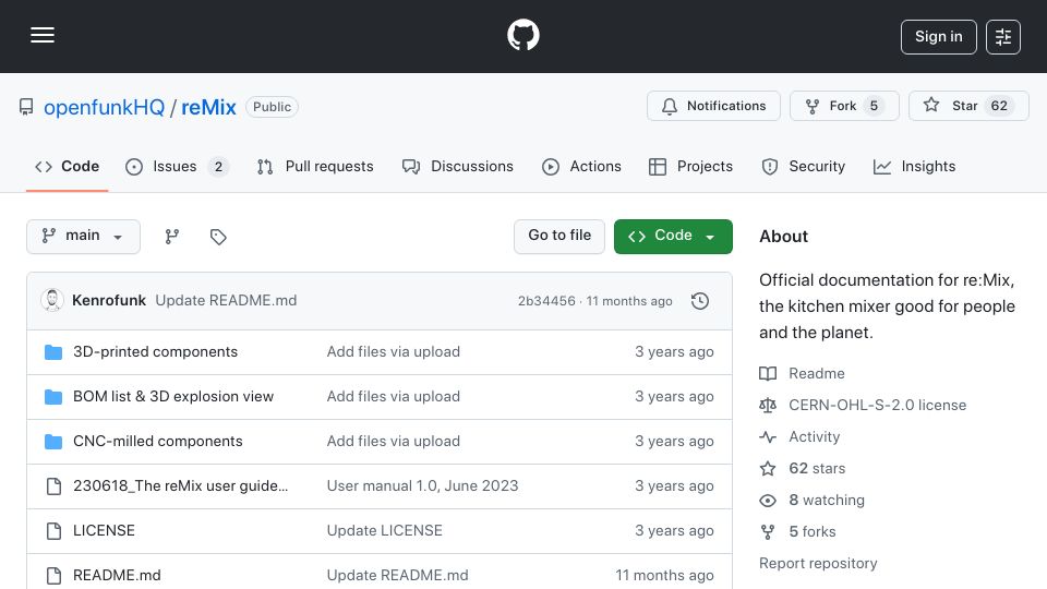 Screenshot of github.com: Re: Mix: open-source repairable blender