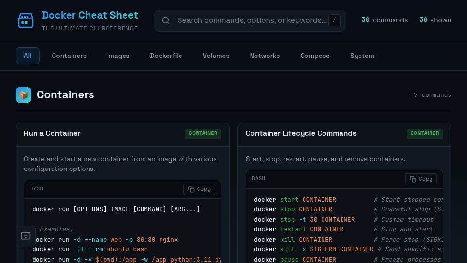 Screenshot of docker.how: Docker.how – Docker command cheat sheet
