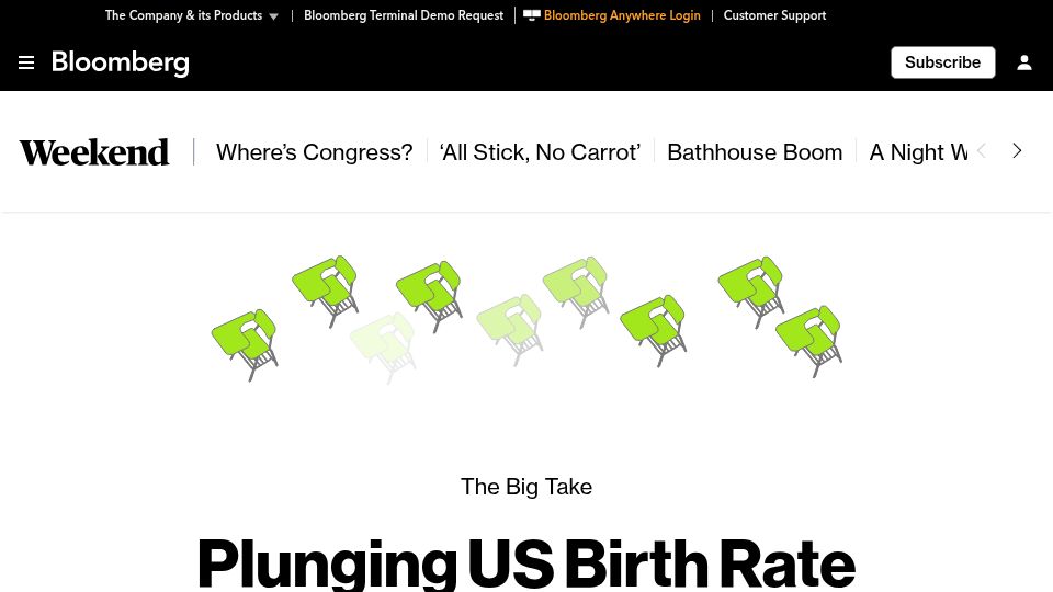 Screenshot of bloomberg.com: Plunging US Birth Rate Leaves Too Many Colleges with Too Few Kids