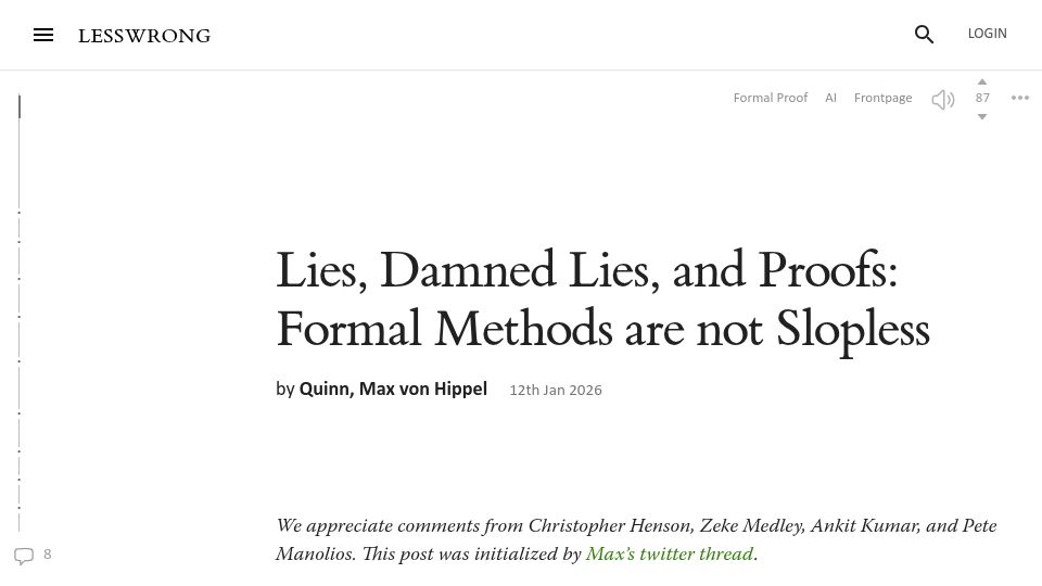 Screenshot of lesswrong.com: Lies, Damned Lies and Proofs: Formal Methods Are Not Slopless