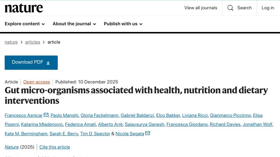 Screenshot of nature.com: Gut micro-organisms associated with health, nutrition and dietary intervention