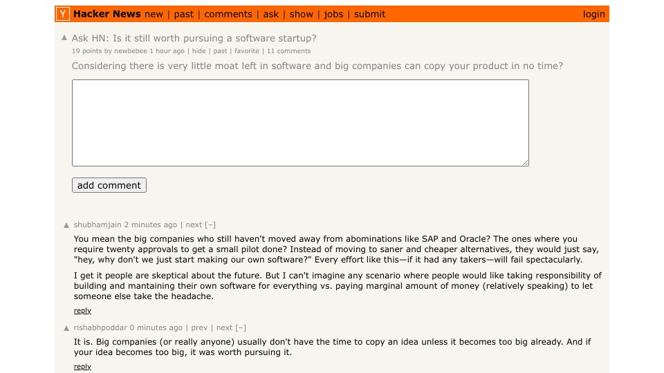 Screenshot of Hacker News post: Ask HN: Is it still worth pursuing a software startup?