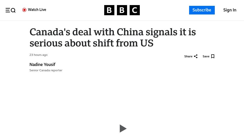 Screenshot of bbc.com: Canada's deal with China signals it is serious about shift from US