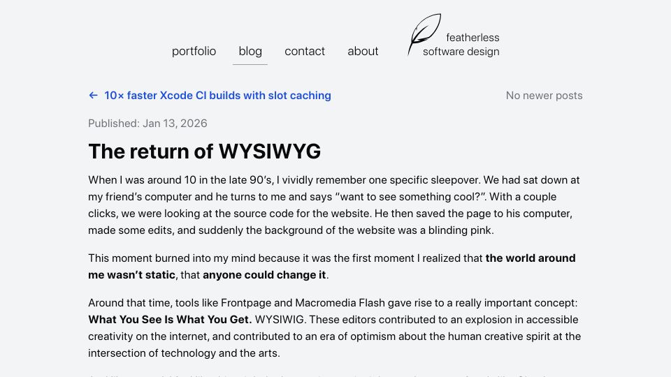 Screenshot of jeffverkoeyen.com: An Ode to the Return of Wysiwyg