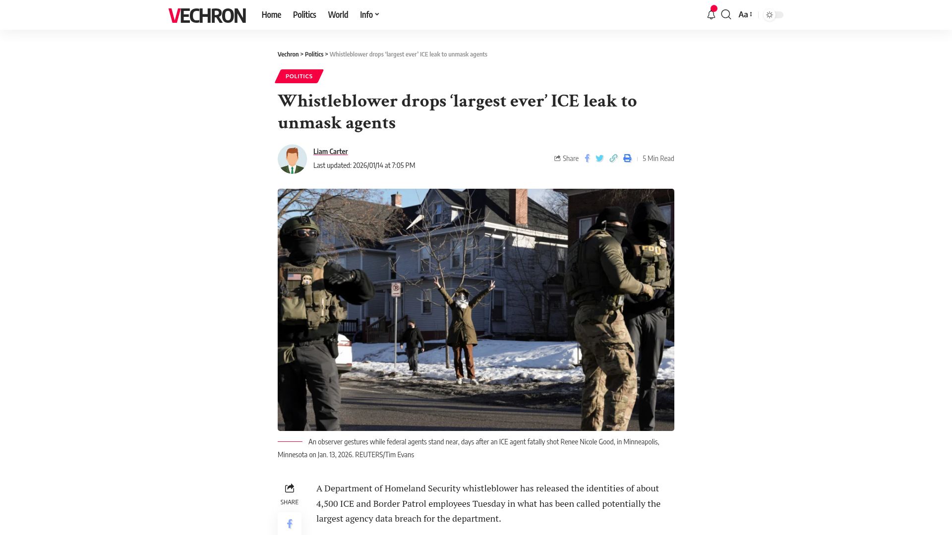 Screenshot of vechron.com: Whistleblower drops 'largest ever' ICE leak to unmask agents