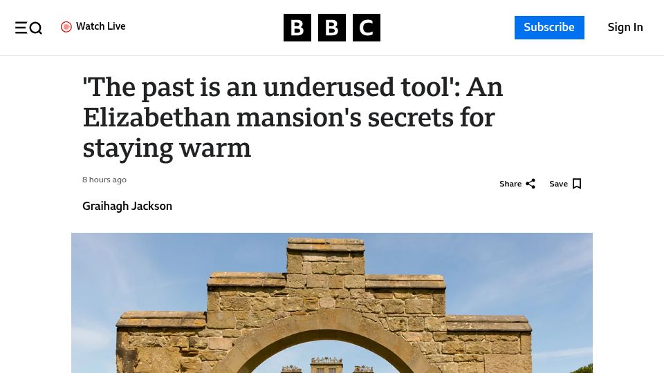 Screenshot of bbc.com: An Elizabethan mansion's secrets for staying warm