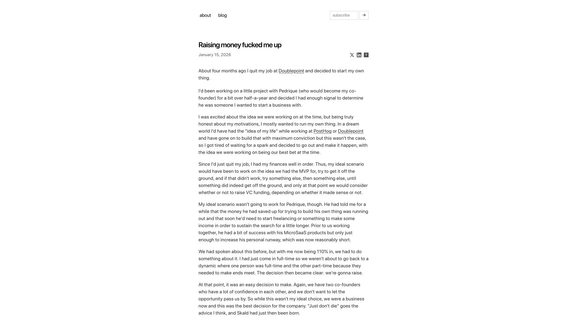 Screenshot of blog.yakkomajuri.com: Raising money fucked me up