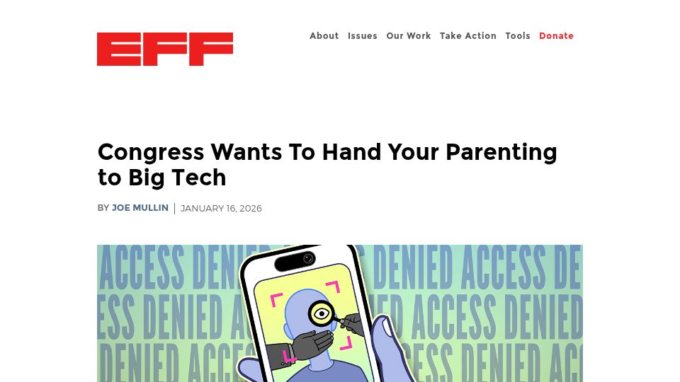 Screenshot of eff.org: Congress Wants to Hand Your Parenting to Big Tech