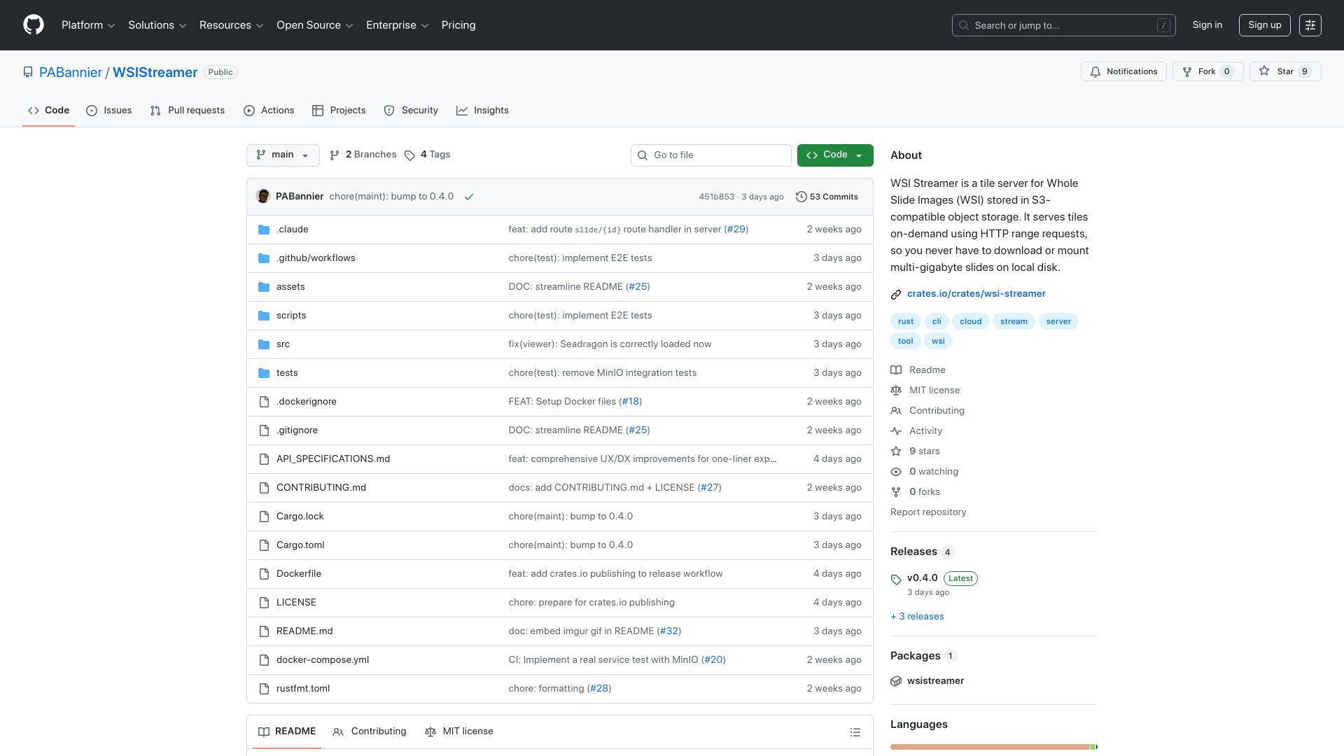 Screenshot of github.com: Show HN: Streaming gigabyte medical images from S3 without downloading them