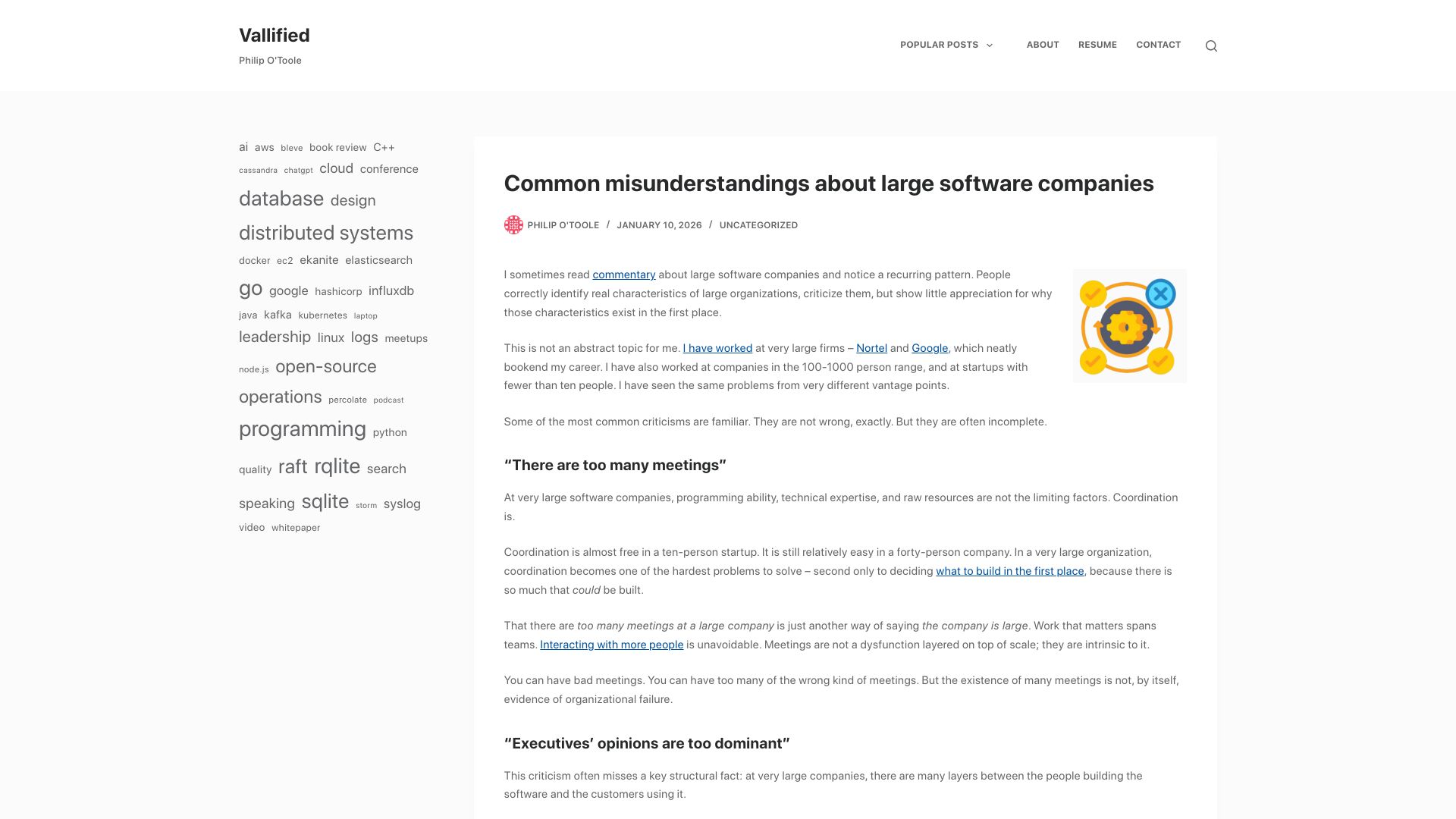 Screenshot of philipotoole.com: Common misunderstandings about large software companies