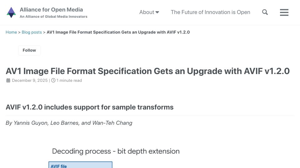 Screenshot of aomedia.org: AV1 Image File Format Specification Gets an Upgrade with AVIF v1.2.0