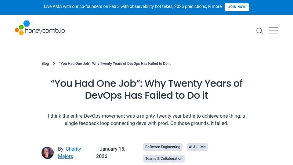 Screenshot of honeycomb.io: What twenty years of DevOps has failed to do