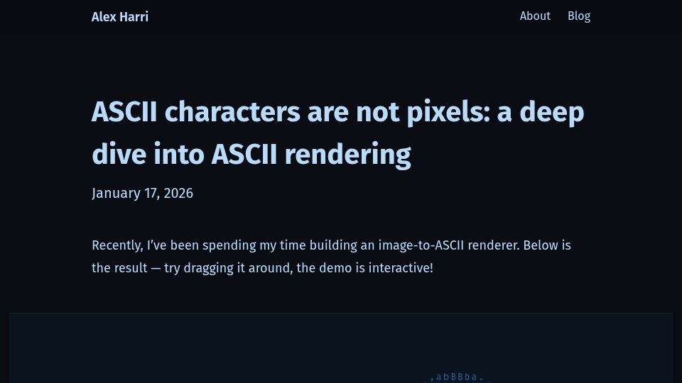 Screenshot of alexharri.com: ASCII characters are not pixels: a deep dive into ASCII rendering
