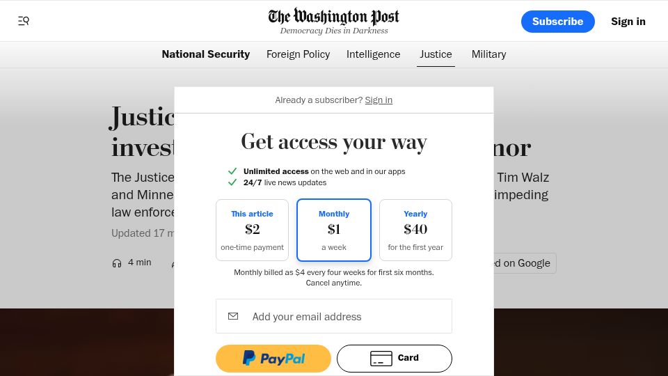 Screenshot of washingtonpost.com: Justice Dept. launches criminal investigation of Minnesota governor